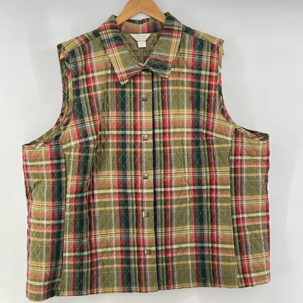 CJ Banks Plaid Quilted Vest Womens 3X Gorpcore Cabin Autumn Snap Front Country